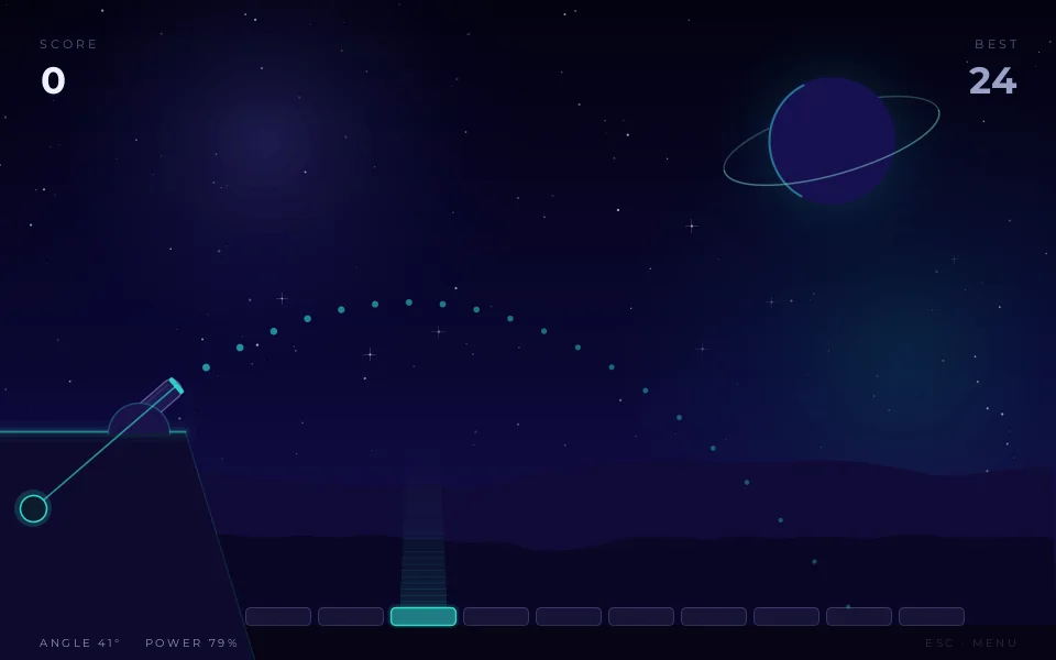 Cannon Craze gameplay: aiming the cannon with a dotted trajectory guide across a starry night sky
