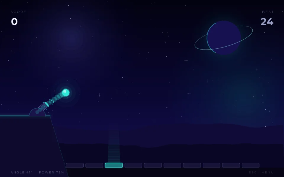 The cannonball in flight across the night sky trailing a glowing cyan comet tail
