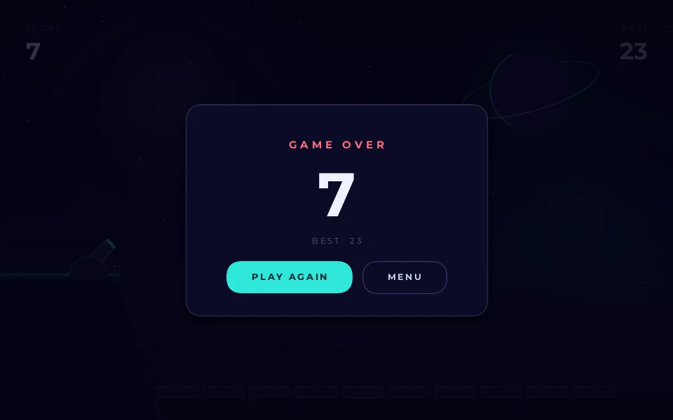 Game over overlay showing the final score against the best score with play again and menu buttons