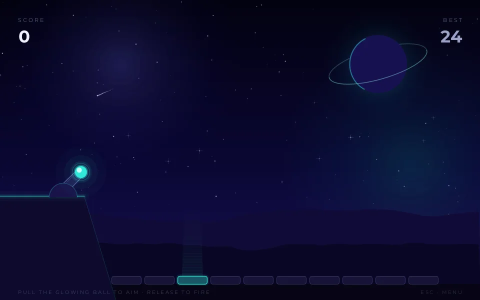 Gameplay arena with the neon platform, cannon, and a row of target pads, one lit with a rising column of light