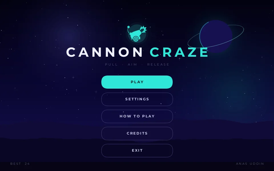 Cannon Craze main menu with neon logo, pill buttons, ringed planet and starfield
