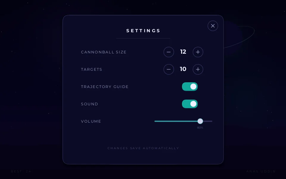 Settings modal with cannonball size, targets, trajectory guide, sound toggles and a volume slider